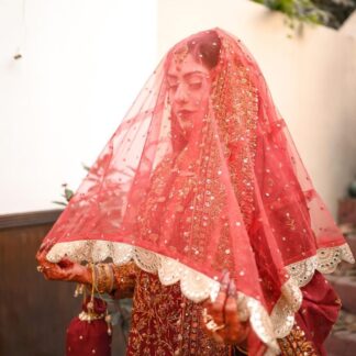 Red bridal veil with gold embellished scalloped border and delicate detailing for a traditional South Asian wedding.