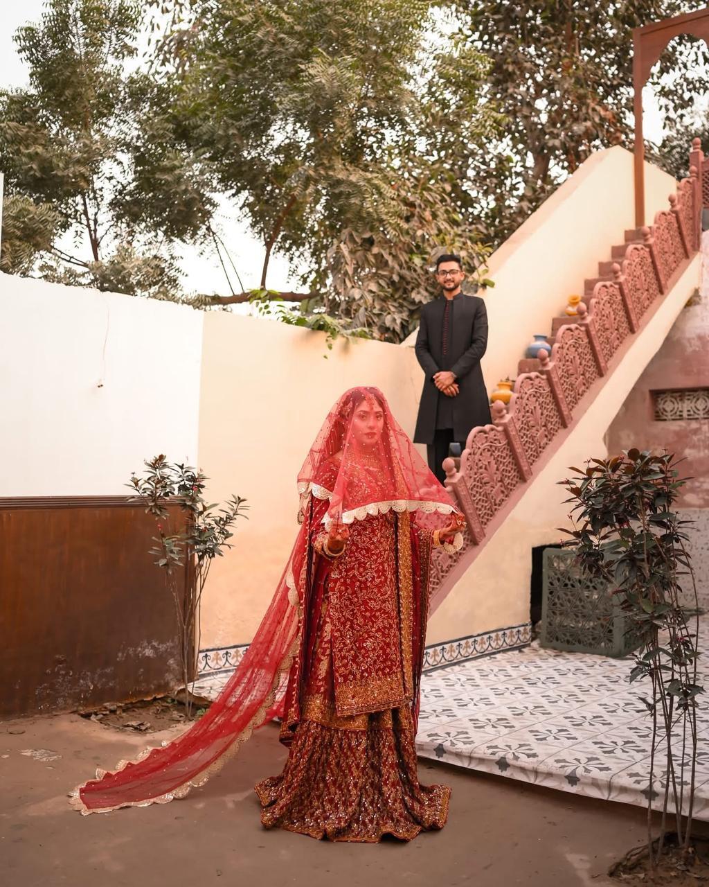 Luxury Red Bridal Veil with Gold Embellished Border – Traditional South Asian Wedding Veil - Image 2