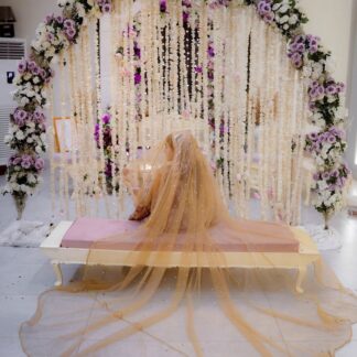 Champagne Gold Nikkah Bridal Veil with extra-long sheer train and delicate sequin embellishments for a Pakistani Muslim wedding bride.