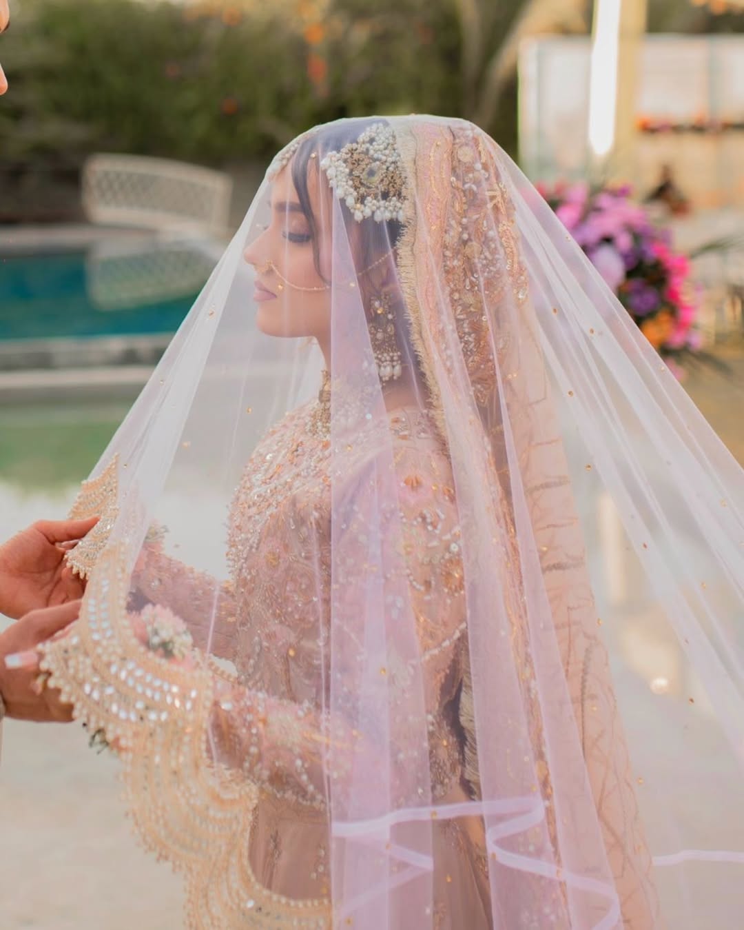 Luxury Blush Pink Cathedral Bridal Veil with Embellished Border – Extra Long Sheer Wedding Veil with Train - Image 2