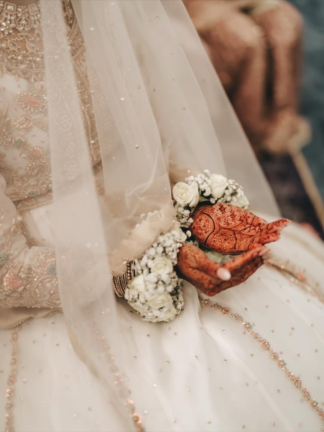Ivory bridal veil with delicate crystal embellishments and sheer fabric for a Nikkah and South Asian wedding.