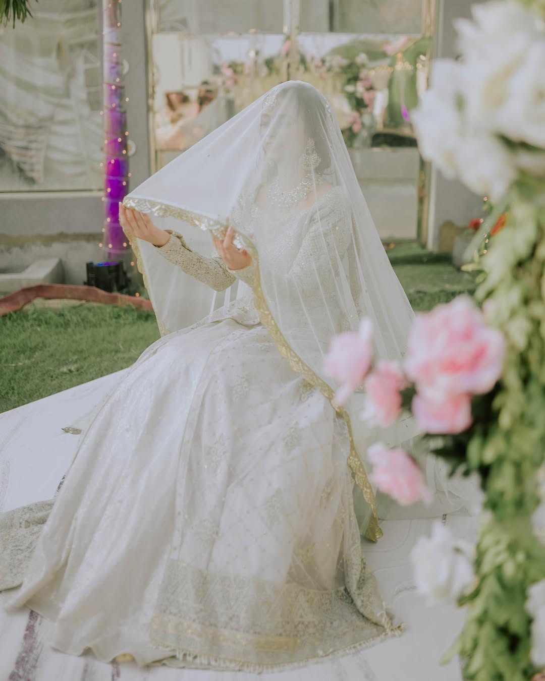 Ivory Nikkah Bridal Veil with Gold Embroidered Border – Long Sheer Wedding Veil for Pakistani & Muslim Brides - Image 4