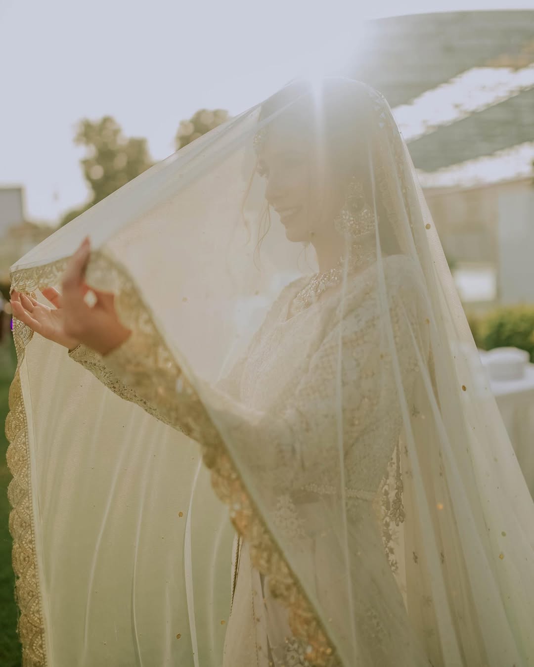 Ivory Nikkah Bridal Veil with Gold Embroidered Border – Long Sheer Wedding Veil for Pakistani & Muslim Brides - Image 3