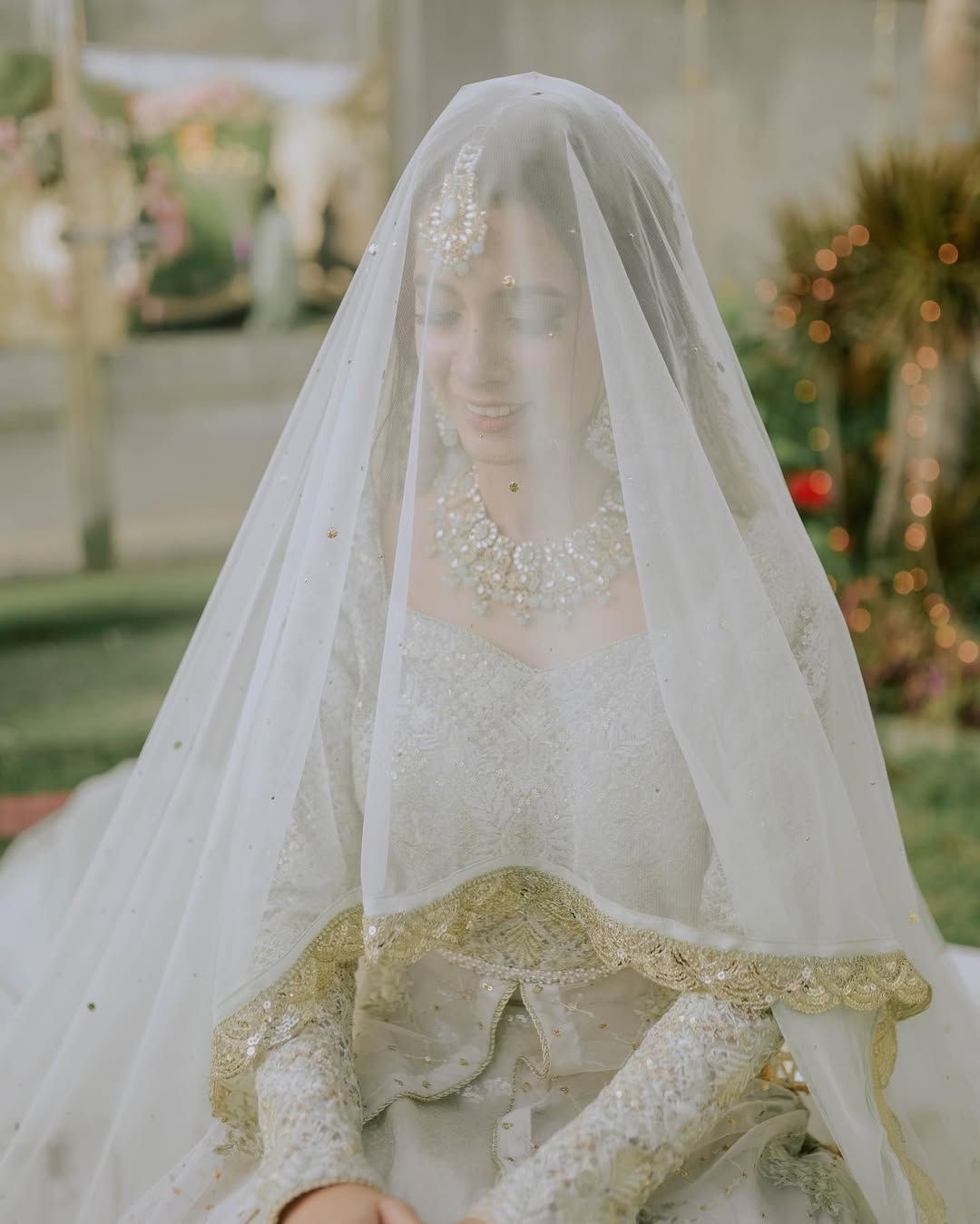 Ivory Nikkah Bridal Veil with Gold Embroidered Border – Long Sheer Wedding Veil for Pakistani & Muslim Brides - Image 2