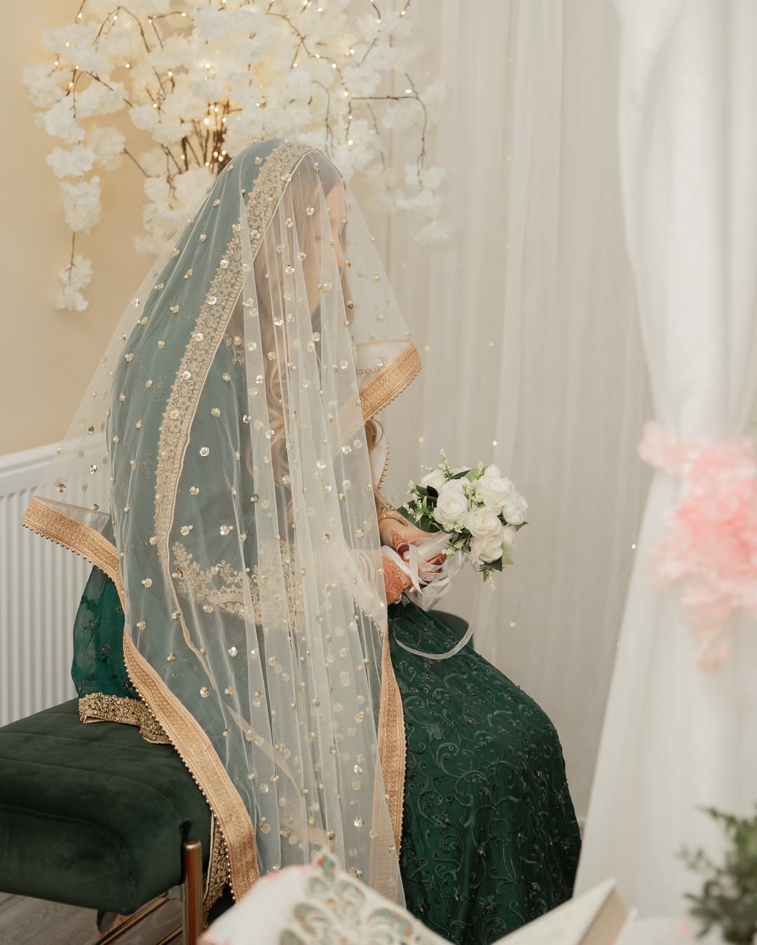 Luxury Ivory Bridal Veil with Pearl & Sequin Embellishments – Gold Border Wedding Veil - Image 5