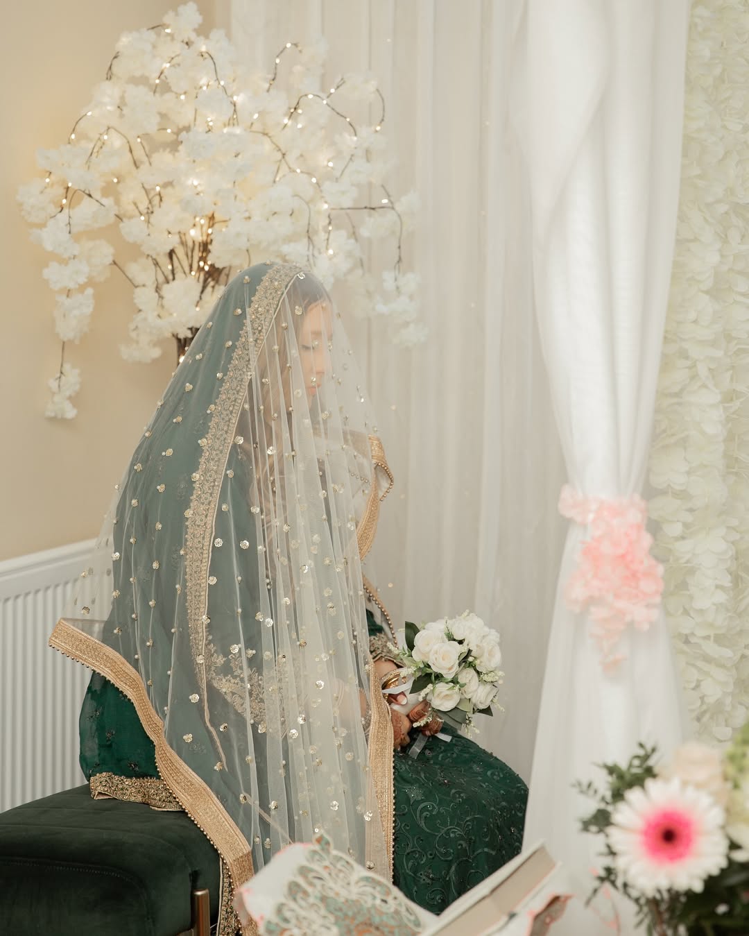 Luxury Ivory Bridal Veil with Pearl & Sequin Embellishments – Gold Border Wedding Veil - Image 4
