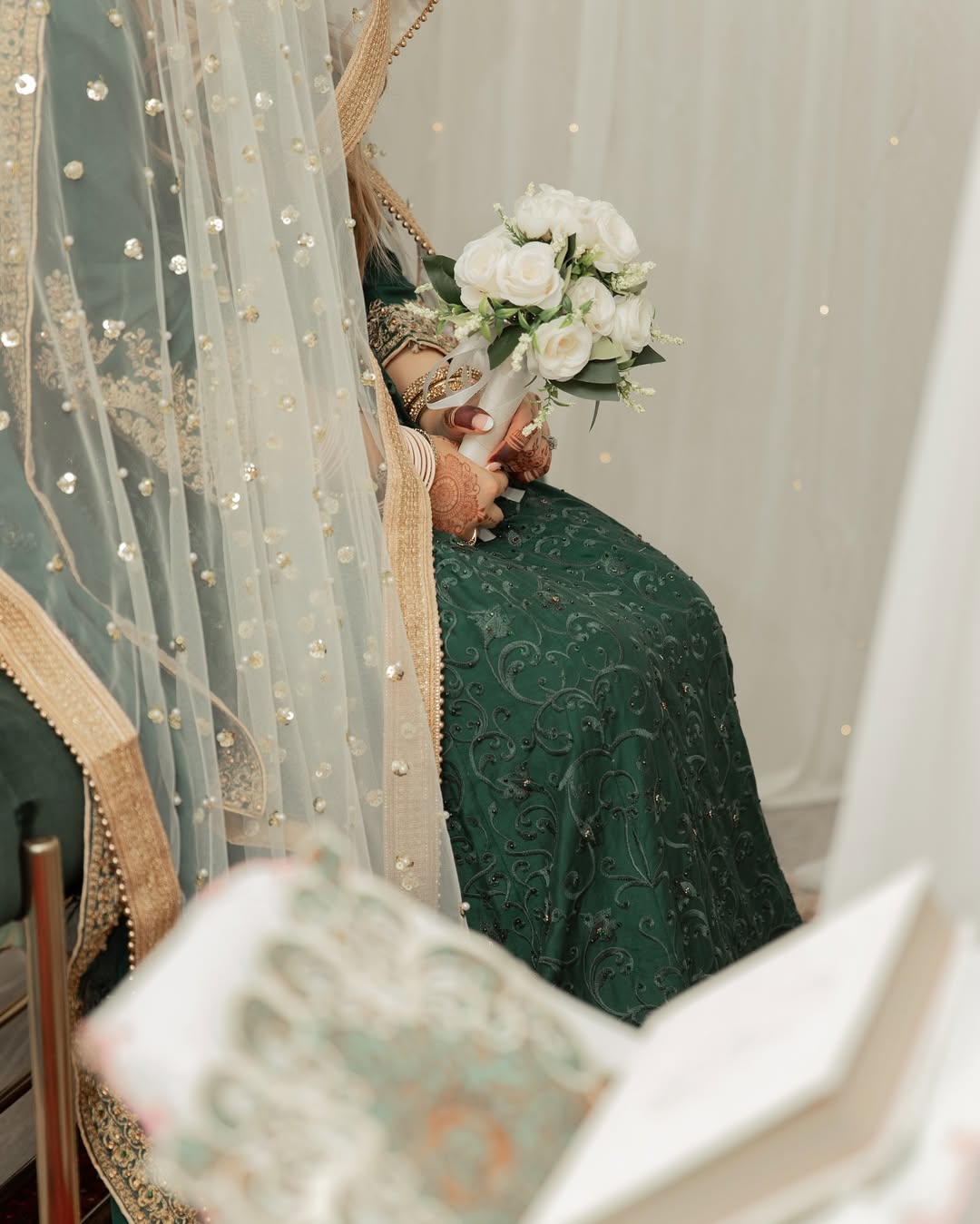 Luxury Ivory Bridal Veil with Pearl & Sequin Embellishments – Gold Border Wedding Veil - Image 3