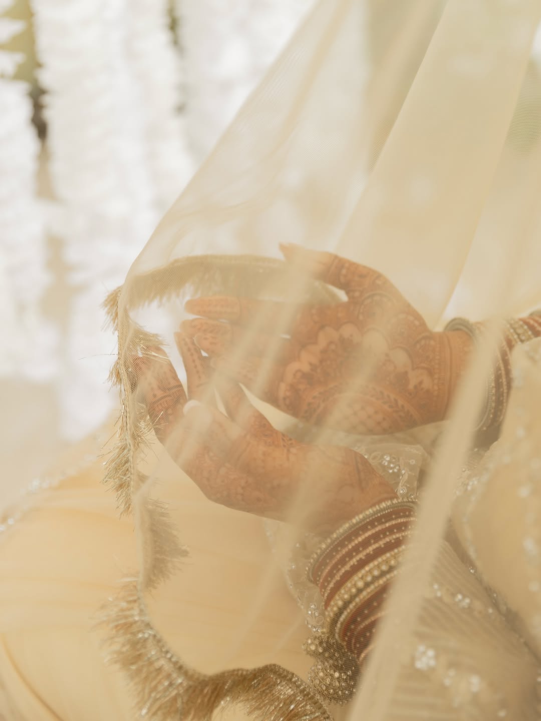 Luxury champagne bridal veil with delicate embellished border and sheer flowing fabric for an elegant South Asian wedding.