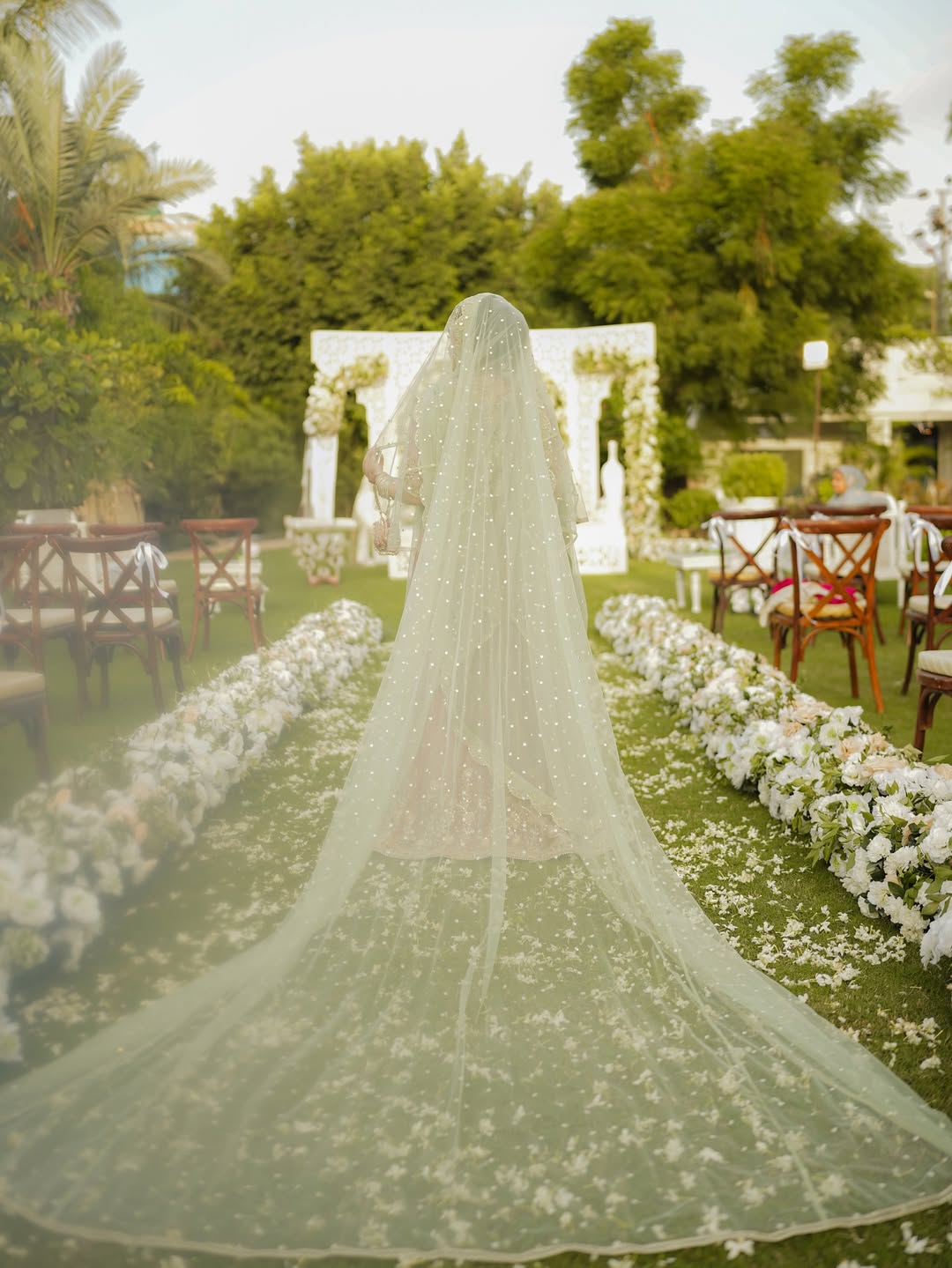Mint Green Sequin Bridal Veil with Elegant Border – Extra Long Sheer Nikkah Wedding Veil with Flowing Train - Image 3