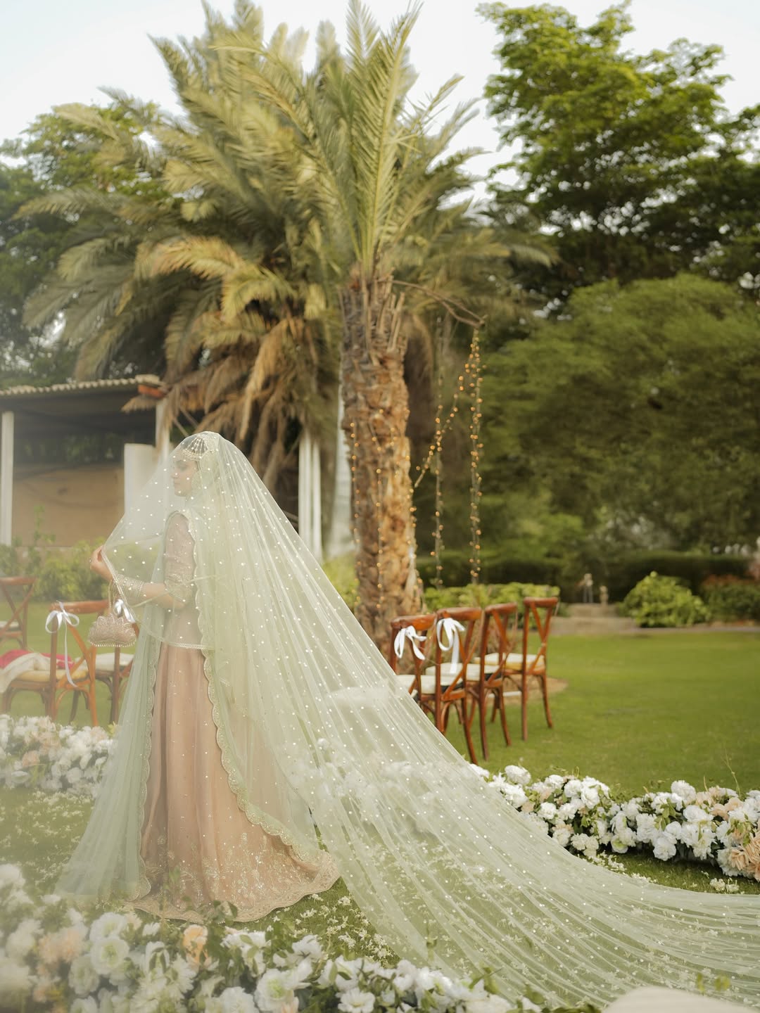 Mint Green Sequin Bridal Veil with Elegant Border – Extra Long Sheer Nikkah Wedding Veil with Flowing Train - Image 2