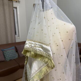Personalized Nikkah Dupatta in ivory with gold embroidery, sequin embellishments and decorative fringe border.