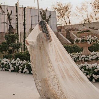 Ivory Nikkah Bridal Veil with delicate sequin embellishments and an extra-long sheer design for a Pakistani Muslim wedding.
