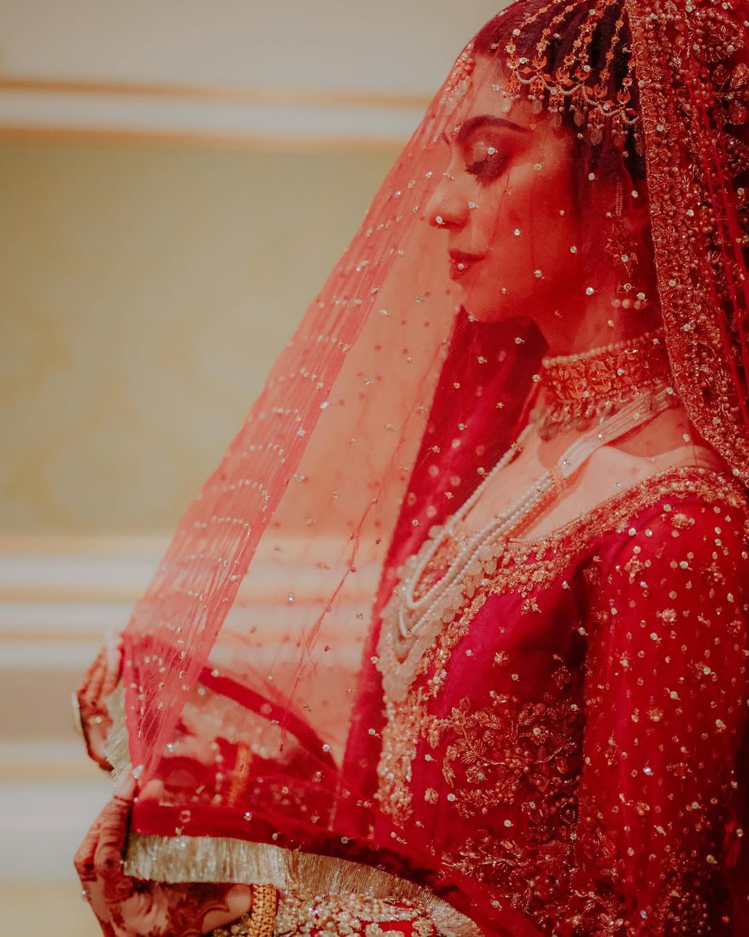 Luxury Red Embroidered Bridal Dupatta Veil – Traditional South Asian Wedding Veil with Intricate Embellishments & Elegant Border - Image 3