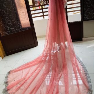 Blush Pink Bridal Dupatta Veil with Silver Embellished Border – Long Pakistani & South Asian Wedding Veil