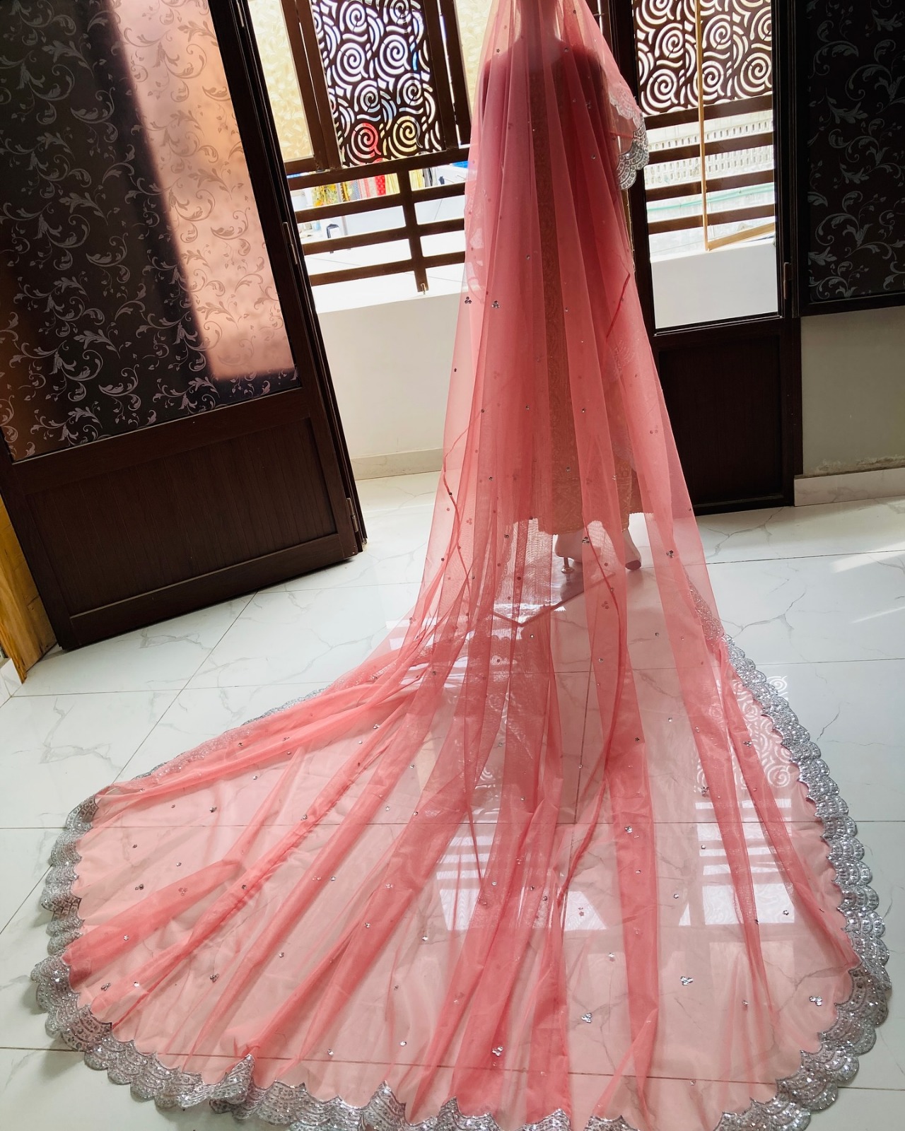 Blush Pink Bridal Dupatta Veil with Silver Embellished Border – Long Pakistani & South Asian Wedding Veil