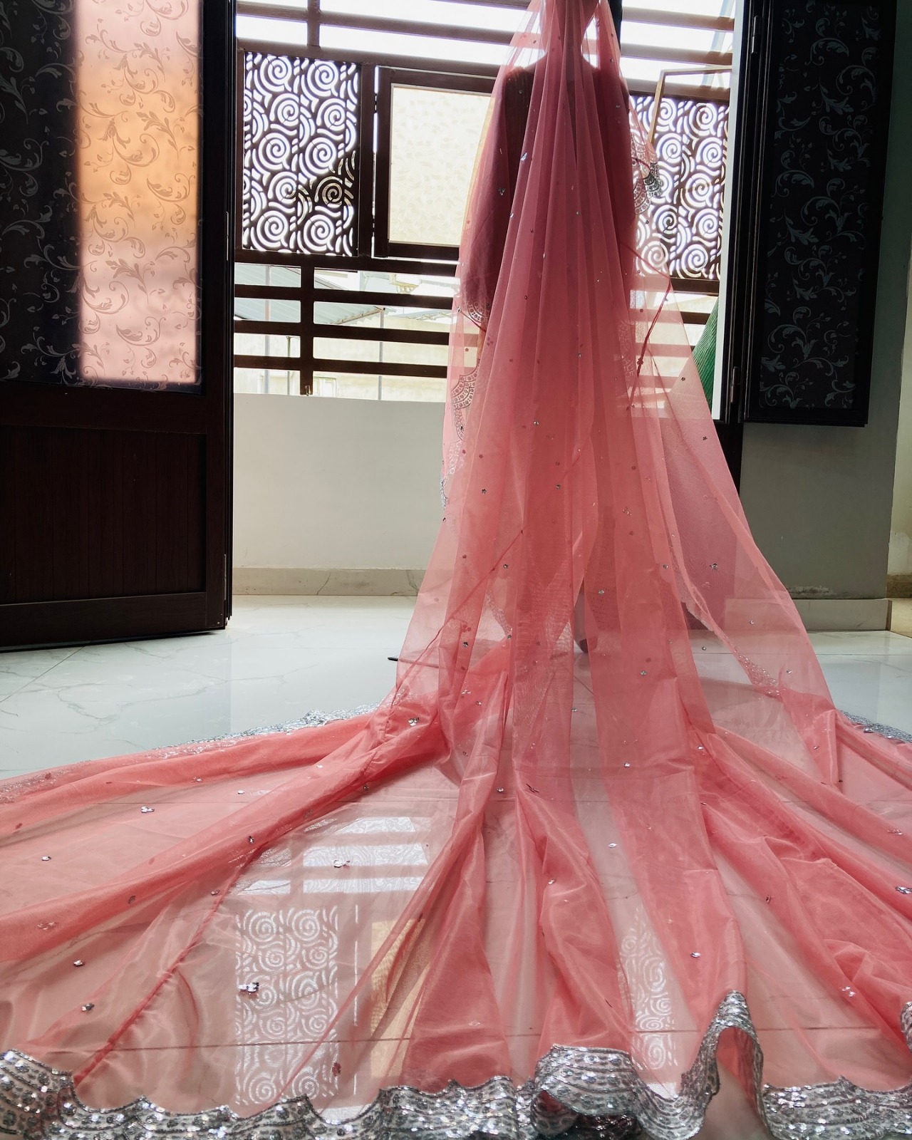 Blush Pink Bridal Dupatta Veil with Silver Embellished Border – Long Pakistani & South Asian Wedding Veil - Image 2