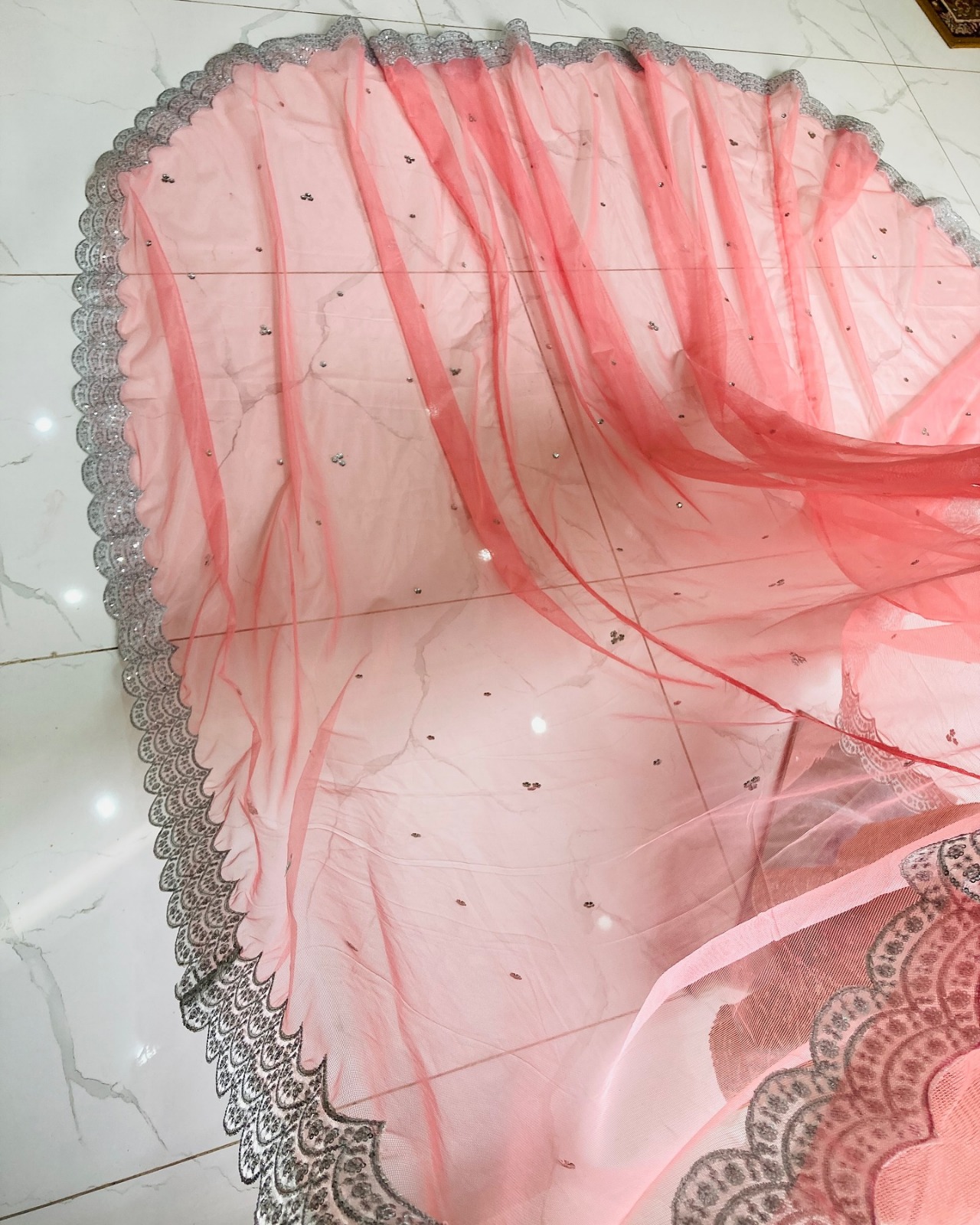 Blush Pink Bridal Dupatta Veil with Silver Embellished Border – Long Pakistani & South Asian Wedding Veil - Image 3