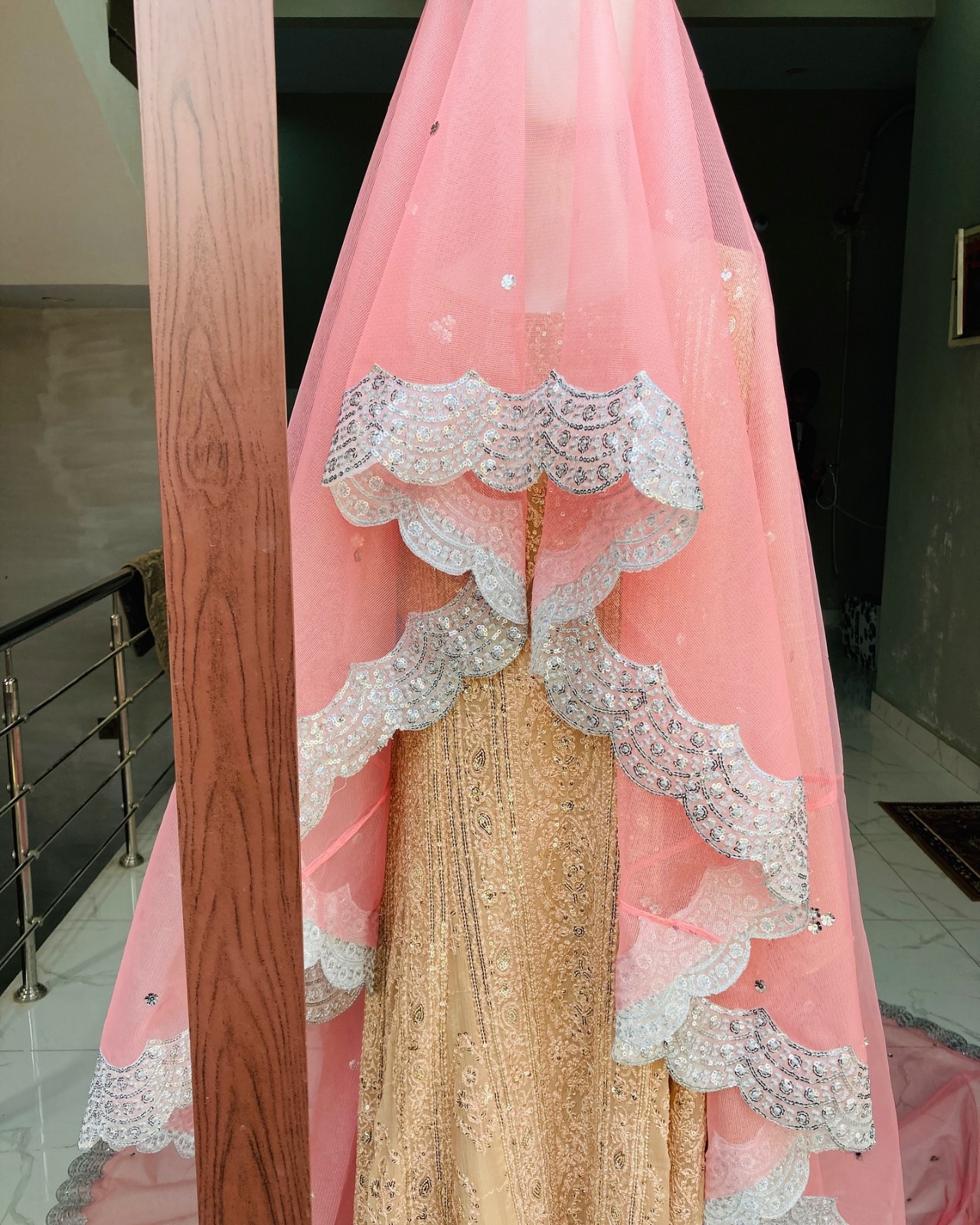 Blush Pink Bridal Dupatta Veil with Silver Embellished Border – Long Pakistani & South Asian Wedding Veil - Image 4