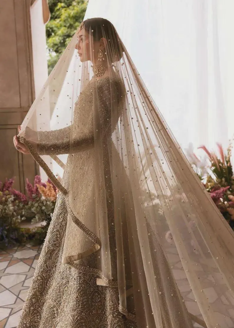 Champagne Pearl Nikkah Dupatta – Pakistani Bridal Wedding Veil USA with Scattered Embellishments & Long Flowing Design - Image 3