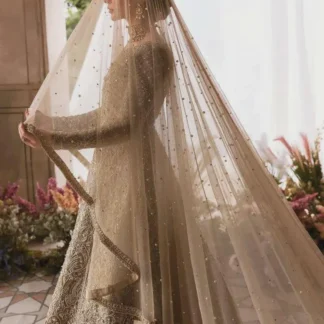 Champagne Pearl Nikkah Dupatta USA with sheer fabric, scattered embellishments and long flowing bridal veil design for Pakistani brides.