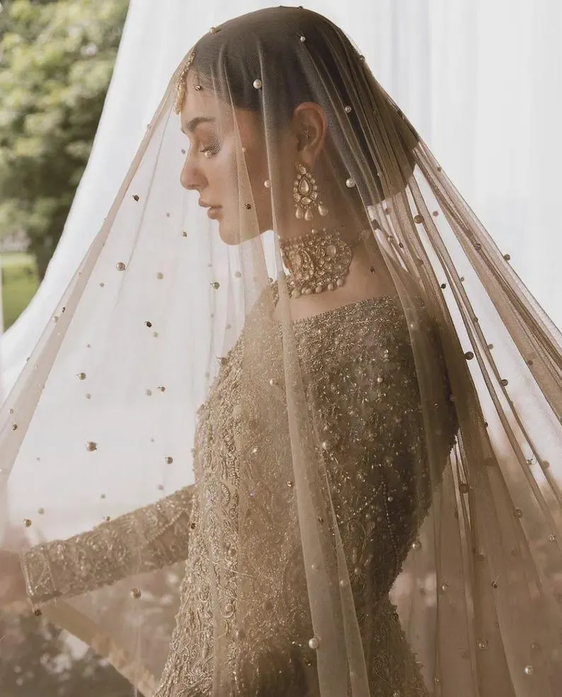 Champagne Pearl Nikkah Dupatta – Pakistani Bridal Wedding Veil USA with Scattered Embellishments & Long Flowing Design - Image 2