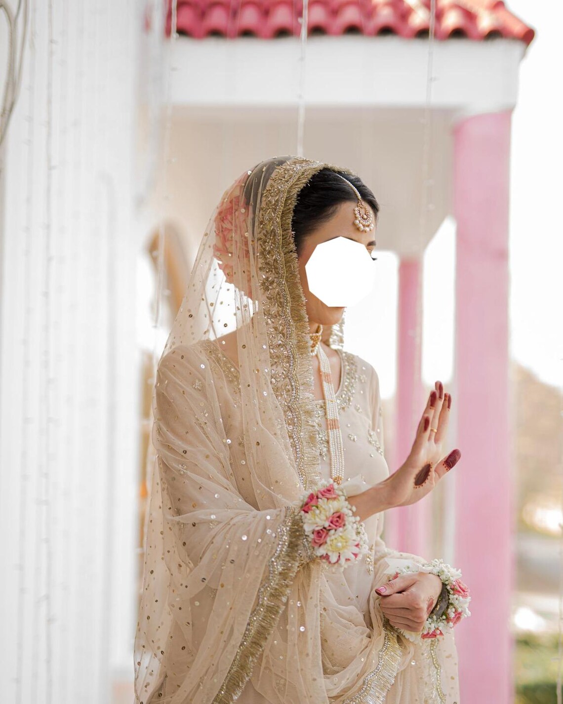 Ivory Gold Nikkah Dupatta USA with sheer fabric, scattered sequin embellishments and embroidered gold fringe border for Pakistani brides.