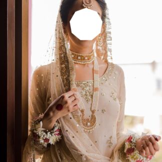 Ivory Gold Nikkah Dupatta USA with sheer fabric, scattered sequin embellishments and embroidered gold fringe border for Pakistani brides.