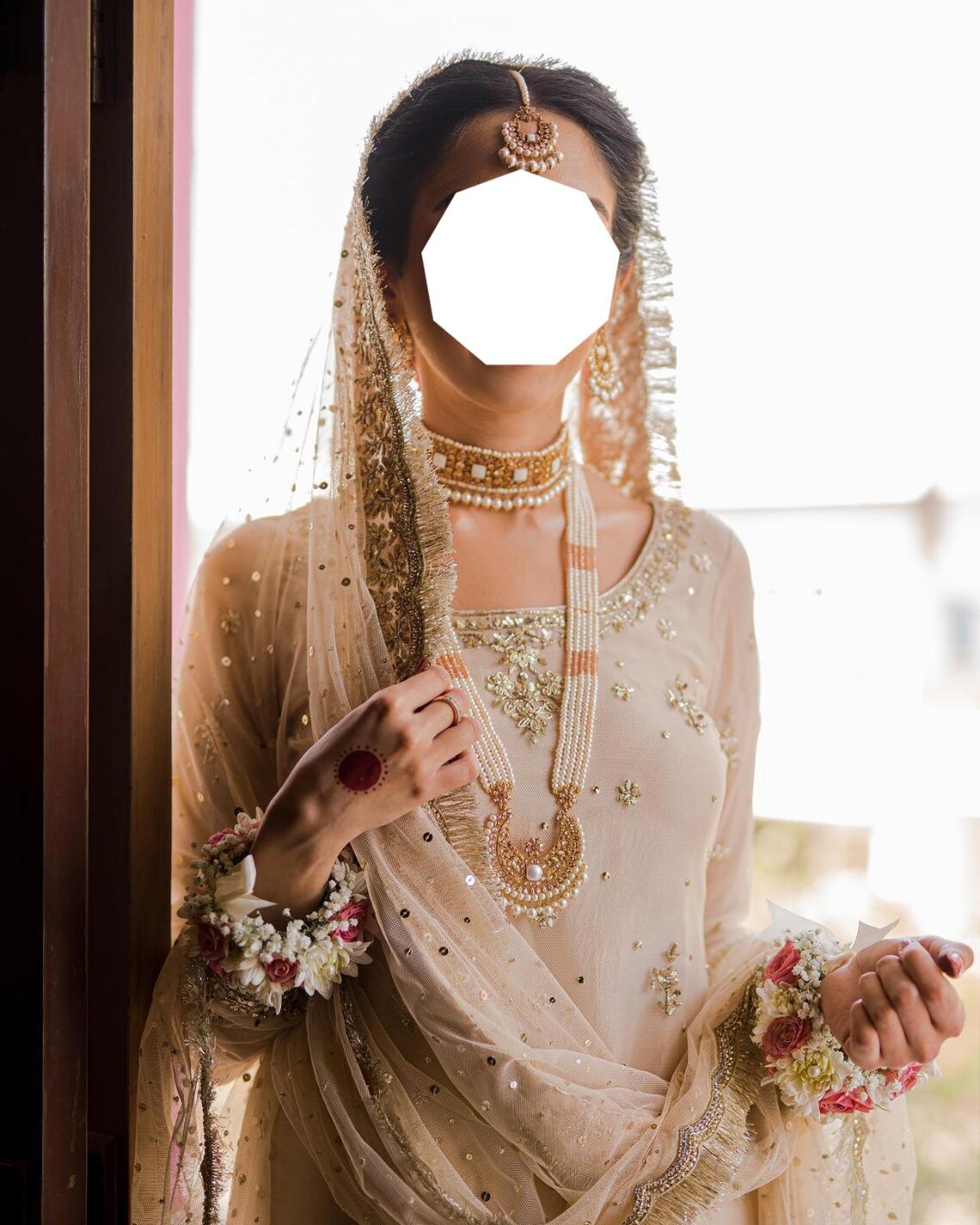 Ivory Gold Nikkah Dupatta USA with sheer fabric, scattered sequin embellishments and embroidered gold fringe border for Pakistani brides.