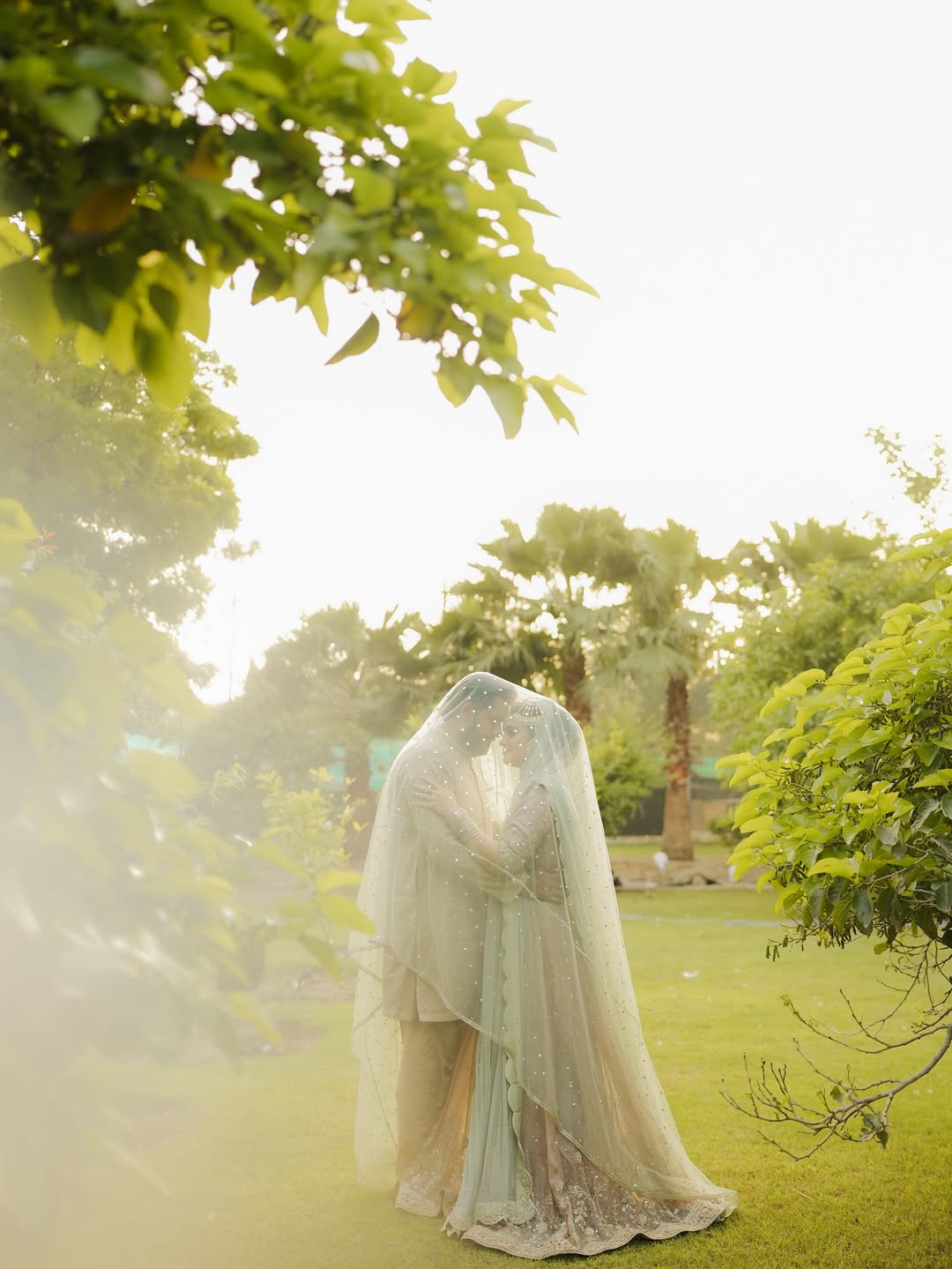 Mint Green Nikkah Dupatta USA with sheer fabric, delicate pearl embellishments and extra-long flowing bridal train for Pakistani brides.