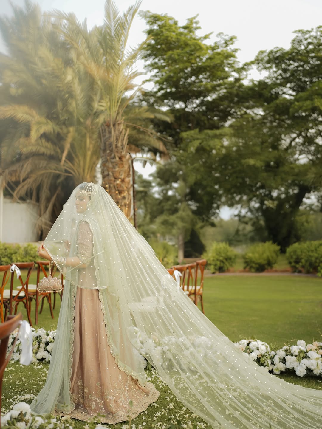 Mint Green Nikkah Dupatta USA with sheer fabric, delicate pearl embellishments and extra-long flowing bridal train for Pakistani brides.