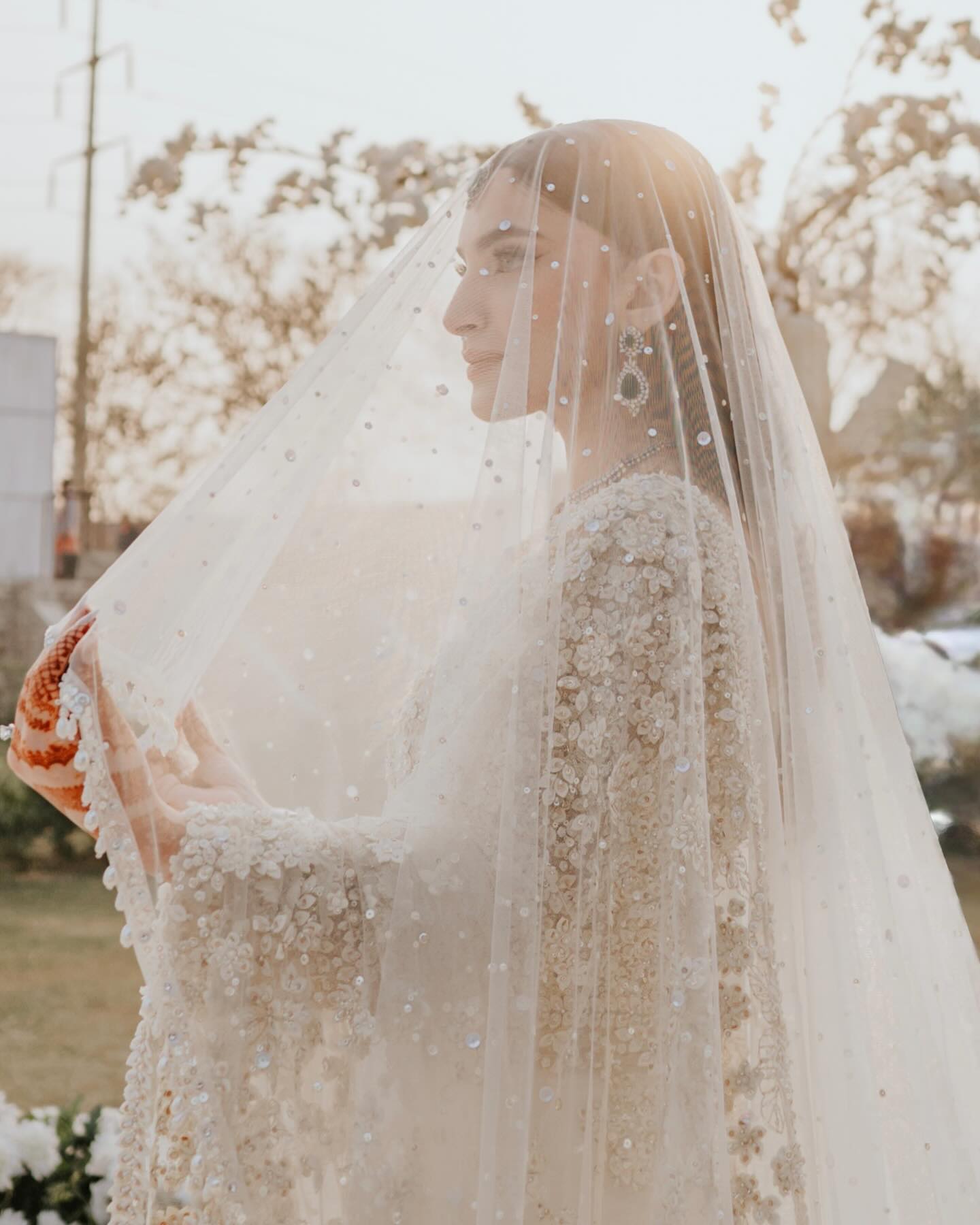 Ivory Bridal Nikkah Dupatta – Embellished Pakistani Wedding Veil for Brides USA