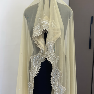 Ivory Embellished Nikkah Veil – Pakistani Bridal Dupatta USA with Mirror Work & Statement Border