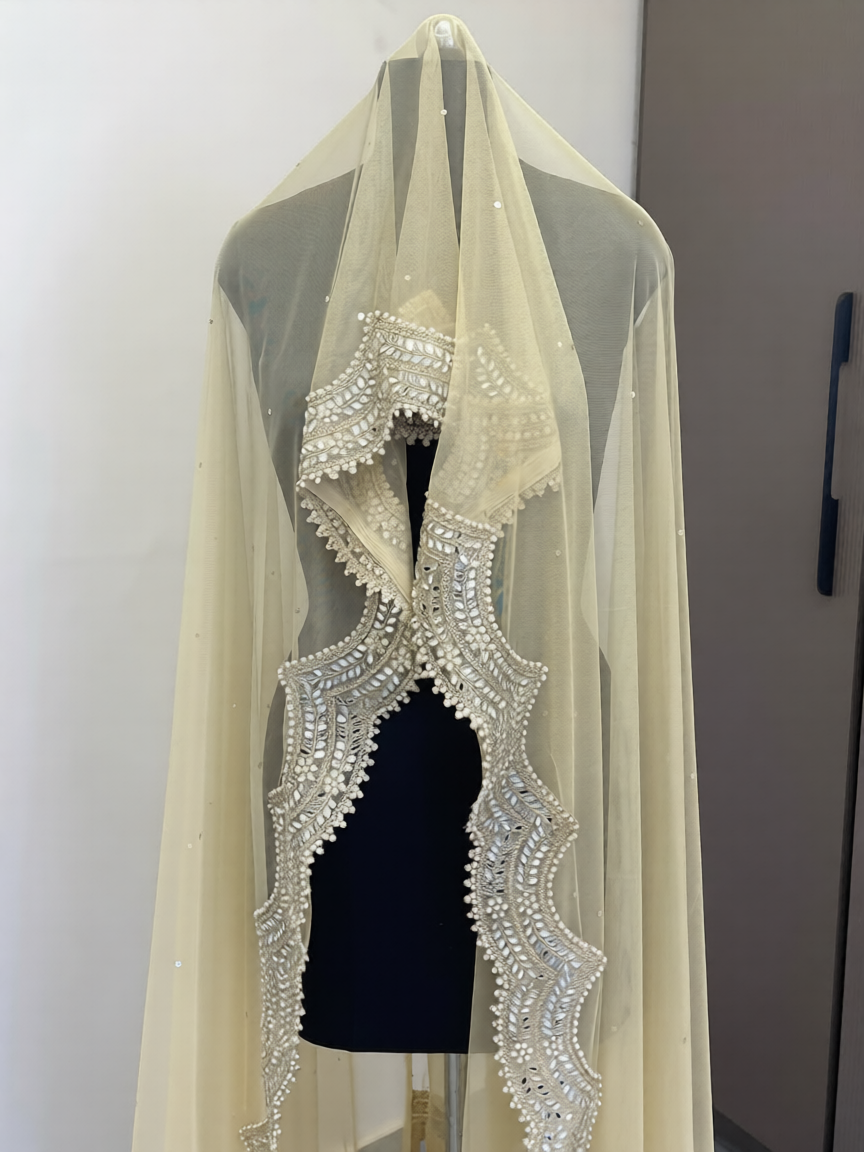 Ivory Embellished Nikkah Veil – Pakistani Bridal Dupatta USA with Mirror Work & Statement Border