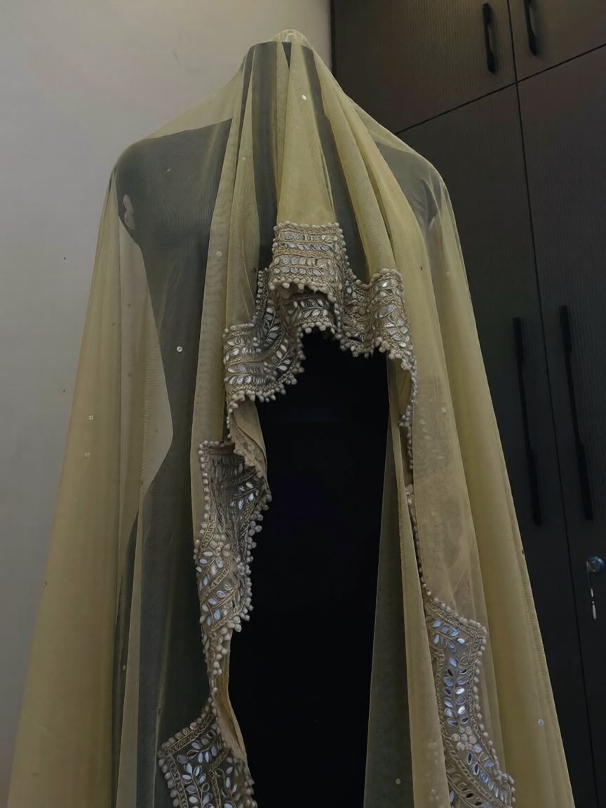 Pakistani Nikkah Veil USA in ivory sheer fabric with mirror-style embellishments and an intricate statement bridal border.