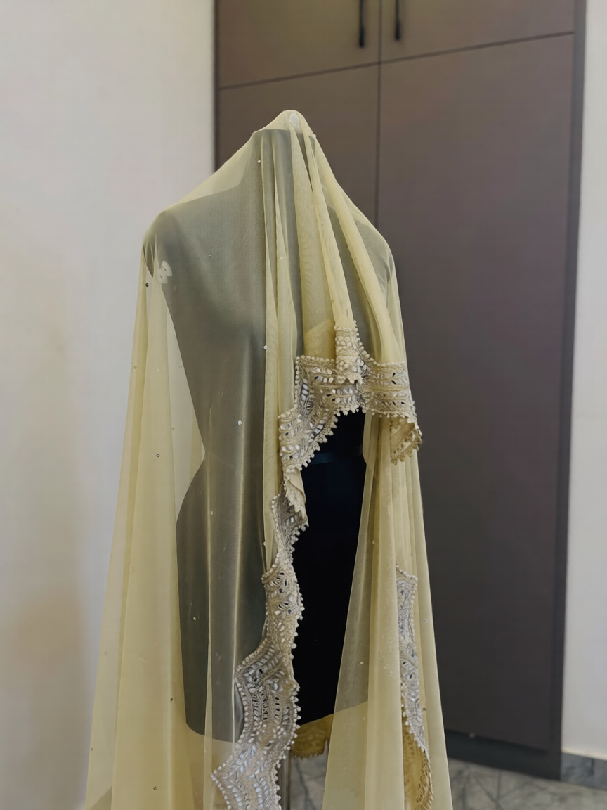 Ivory Embellished Nikkah Veil – Pakistani Bridal Dupatta USA with Mirror Work & Statement Border - Image 3