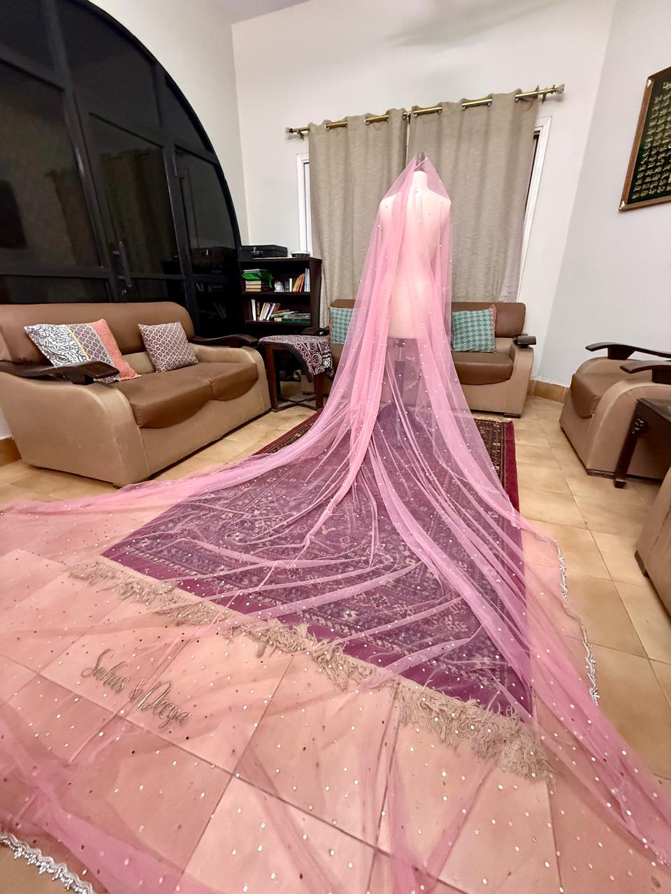 Personalized pink Nikkah dupatta with custom embroidery and sparkle detailing for Pakistani brides in the USA.