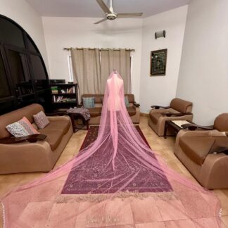 Personalized pink Nikkah dupatta with custom embroidery and sparkle detailing for Pakistani brides in the USA.
