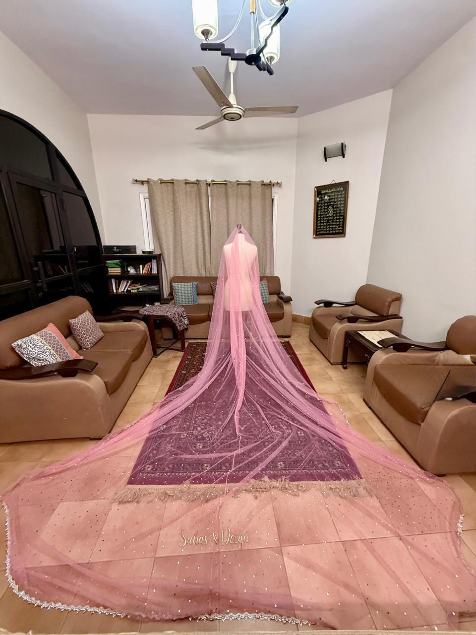 Personalized pink Nikkah dupatta with custom embroidery and sparkle detailing for Pakistani brides in the USA.