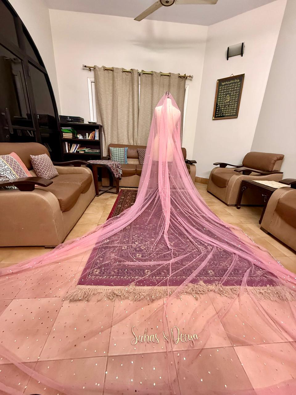 Personalized pink Nikkah dupatta with custom embroidery and sparkle detailing for Pakistani brides in the USA.