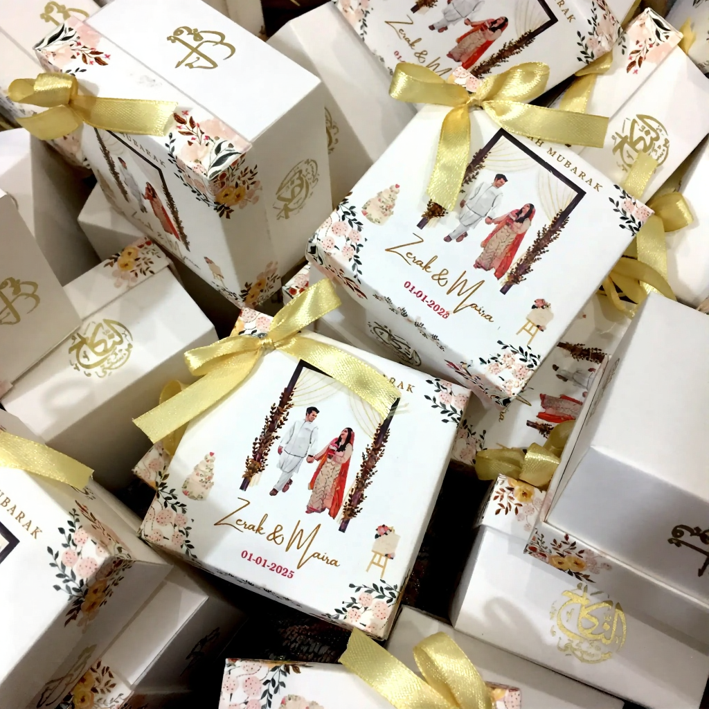 Personalized Nikkah favor boxes with custom couple details, floral decoration and gold satin ribbon for Muslim and Pakistani wedding celebrations.