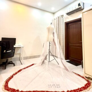Personalized Qubool Hai Nikkah Dupatta USA with red calligraphy border, custom date and long sheer bridal veil design.