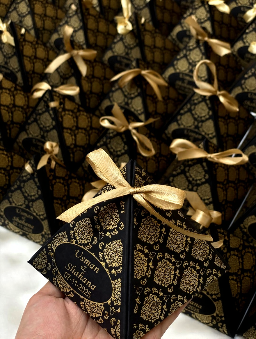 Black and gold personalized pyramid favor boxes with ornate detailing and gold ribbon bows for weddings, Nikkah ceremonies and special events.