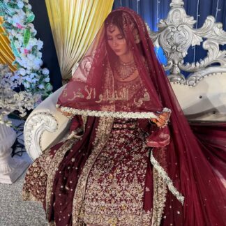 Maroon Qubool Hai Nikkah dupatta with gold Arabic calligraphy and embellished border for Pakistani and Muslim brides in the USA.