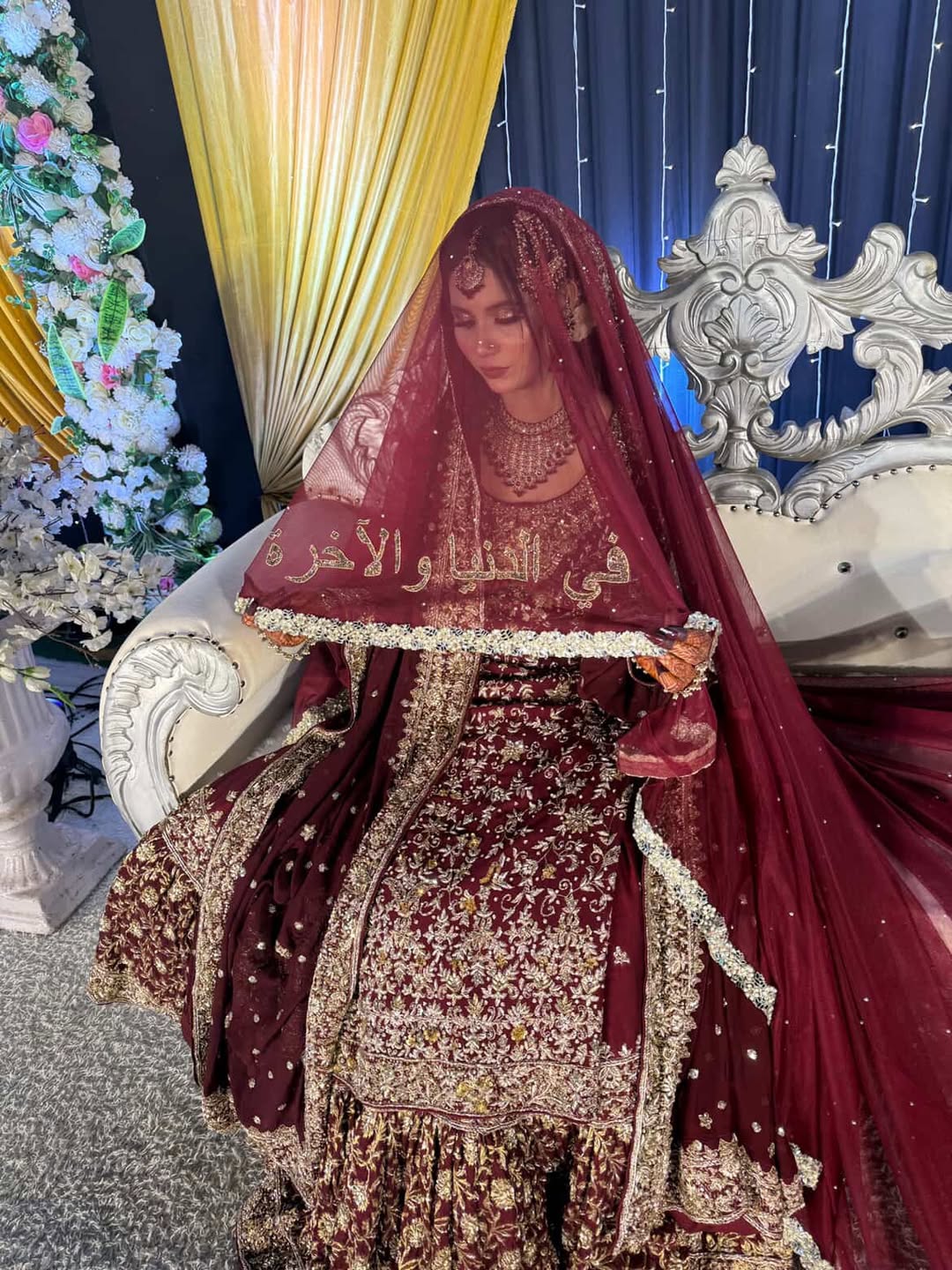 Maroon Qubool Hai Nikkah dupatta with gold Arabic calligraphy and embellished border for Pakistani and Muslim brides in the USA.