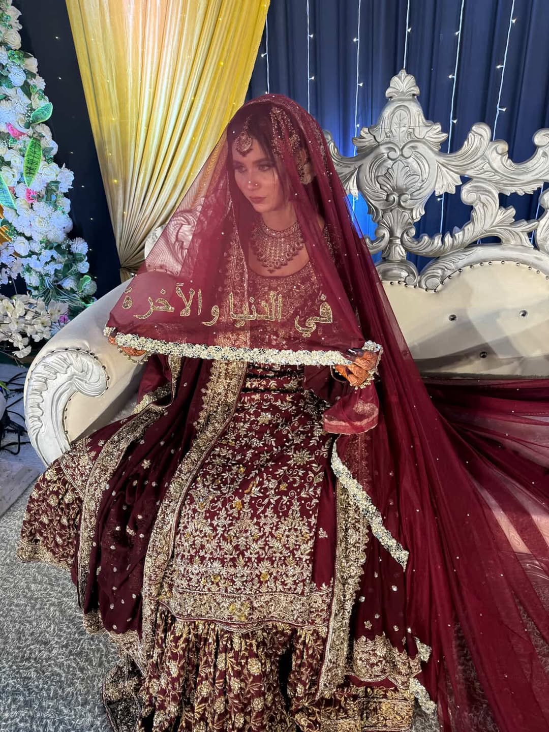 Maroon Qubool Hai Nikkah dupatta with gold Arabic calligraphy and embellished border for Pakistani and Muslim brides in the USA.