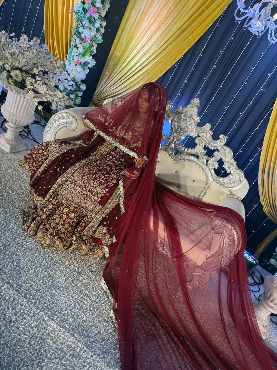 Maroon Qubool Hai Nikkah dupatta with gold Arabic calligraphy and embellished border for Pakistani and Muslim brides in the USA.