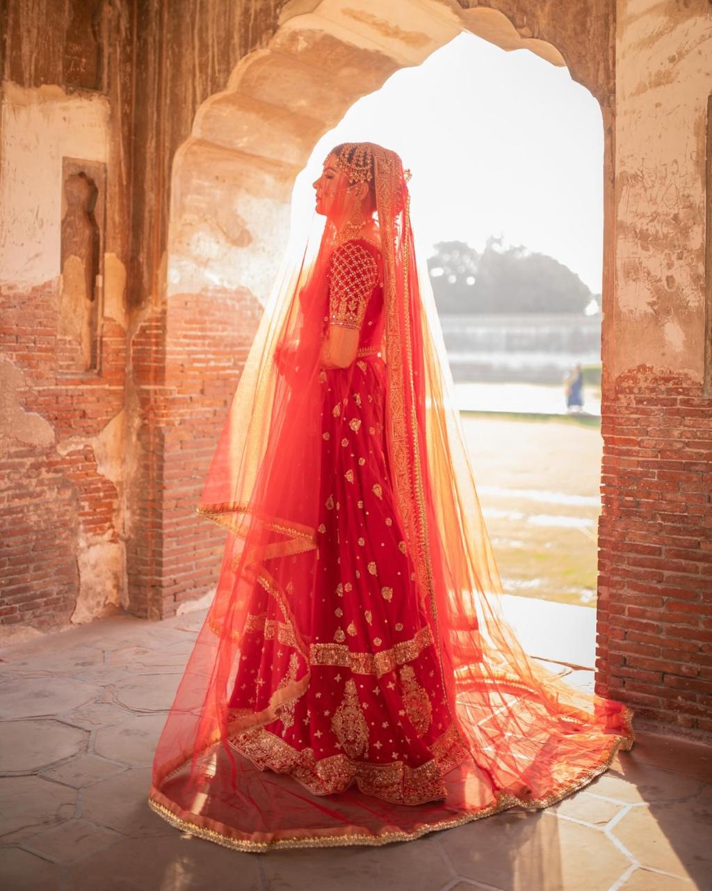 Red Bridal Nikkah Dupatta – Traditional Pakistani Wedding Veil USA with Gold Embellished Border - Image 3
