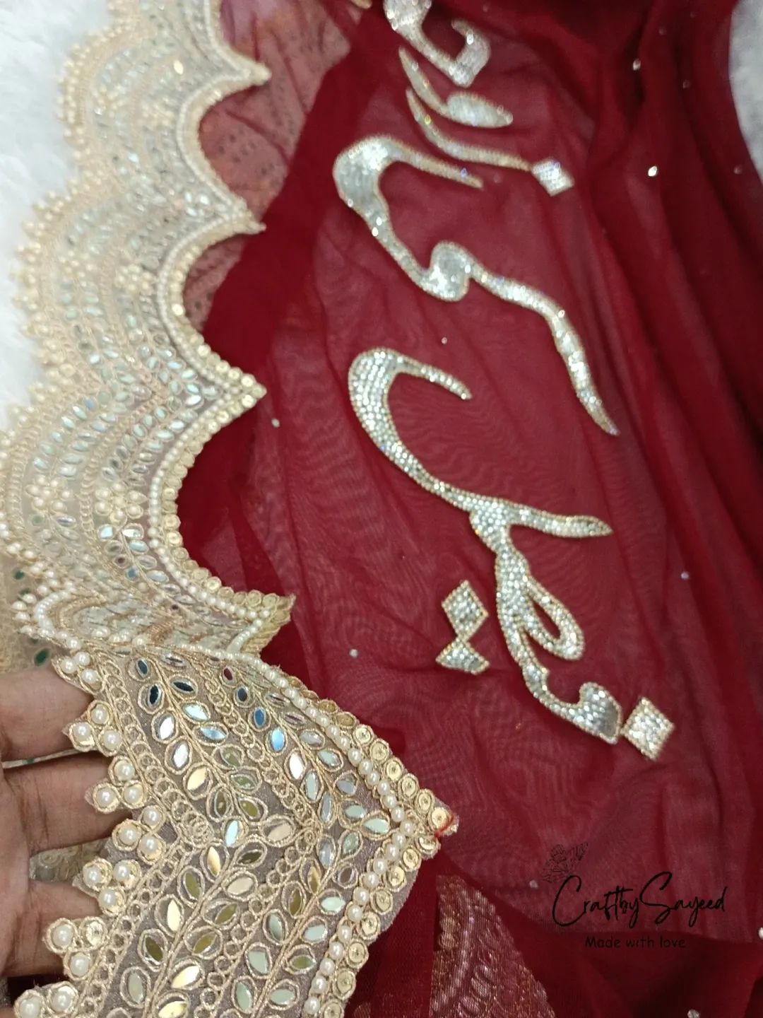 Red Nikkah Dupatta USA with statement calligraphy, mirror-style work, pearl detailing and embellished border for Pakistani brides.