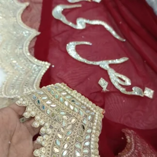 Red Nikkah Dupatta USA with statement calligraphy, mirror-style work, pearl detailing and embellished border for Pakistani brides.