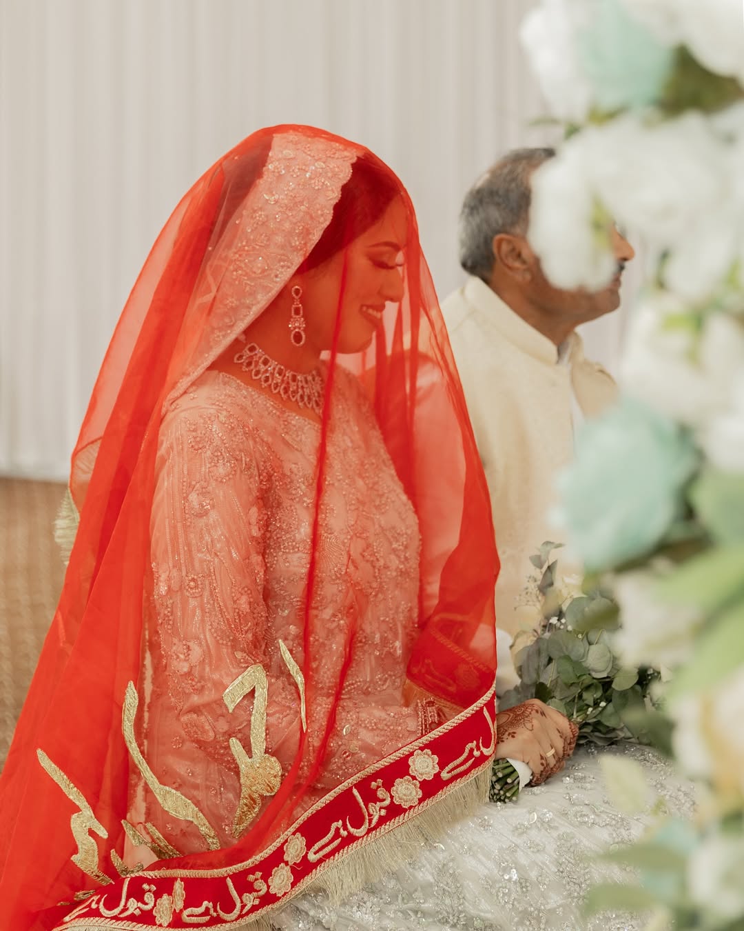 Red Qubool Hai Nikkah Dupatta – Pakistani Bridal Wedding Veil USA with Gold Calligraphy & Traditional Embroidered Border - Image 2